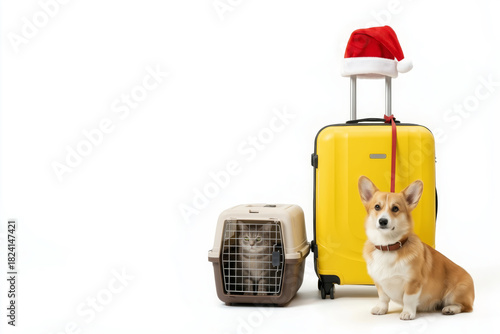 A cute corgi and a cat in a carrier sit next to a yellow suitcase and Santa hat against a white background with copy space. Concept for traveling with pets during the Christmas holidays.	