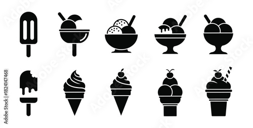 Collection of black and white ice cream dessert icons