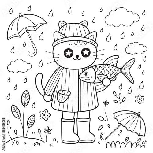 Cute cartoon cat in raincoat and boots holding a fish in the rain with umbrellas animal character