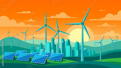 Green Energy Transition Sustainable City with Wind Turbines and Solar Panels at Sunset