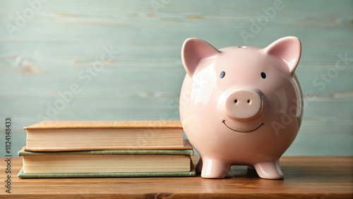 A cheerful piggy bank rests beside a stack of books, symbolizing the financial investment in education and the pursuit of knowledge.