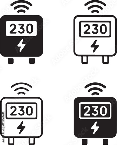 Isolated Smart Energy Meter Icons black vector set, energy meter, electricity monitor, home device, thin stroke minimal outline filled icon, smart energy tech, circuit style home system design