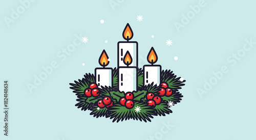 Four lit white candle advent wreath with holly berry decoration