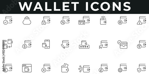 Wallet Icons vector illustration with thin line editable stroke containing finance, digital payment, banking, money, e-commerce, currency, secure, purchase, password, setting, protection, credit card.