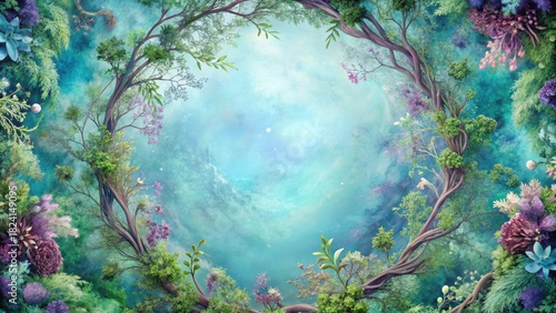 Enchanted Forest Canopy A Dreamlike Vista of Intertwined Trees and Lush Floral Abundance Under a Celestial Sky