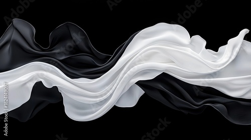 Abstract flowing waves of black and white silk fabric against a solid black background, creating a sense of movement and contrast.
