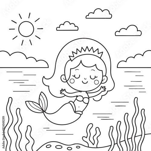 Cute cartoon mermaid swimming underwater with sun and clouds above drawing illustration