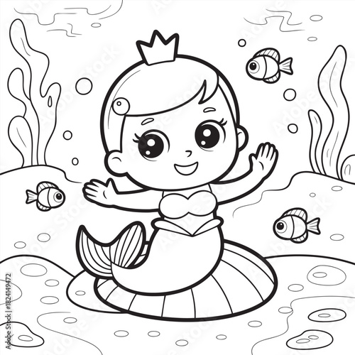 Cute cartoon mermaid with crown and tail swimming underwater with fish and seaweed princess