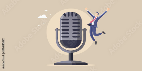 Excited businessman jumps for joy next to a vintage microphone
