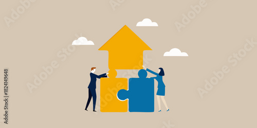 Business team assembling puzzle pieces to form upward arrow
