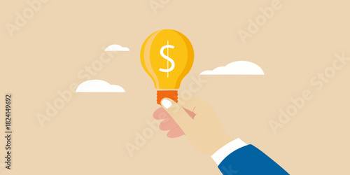 Hand holding a lightbulb with a dollar sign represents financial ideas