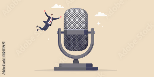 Businessman flying towards a vintage microphone with a sense of excitement
