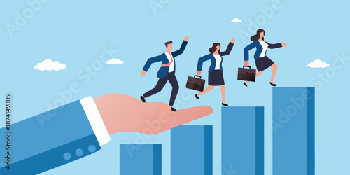 Business people ascending steps with helping hand and growth chart