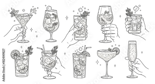 Hand-drawn vector set of wine glasses and bottles with cocktail, beer, and martini icons for bar and restaurant design