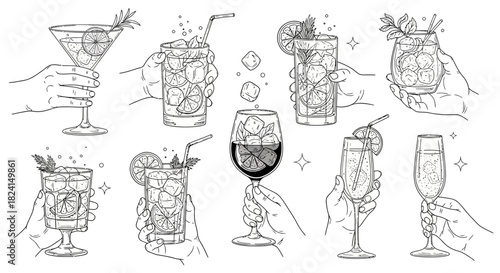 Hand-drawn vector set of wine glasses and bottles with cocktail, beer, and martini icons for bar and restaurant design