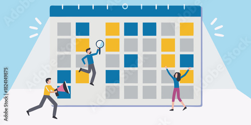 Team planning and scheduling with a calendar and magnifying glass