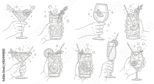 Hand-drawn vector set of wine glasses and bottles with cocktail, beer, and martini icons for bar and restaurant design
