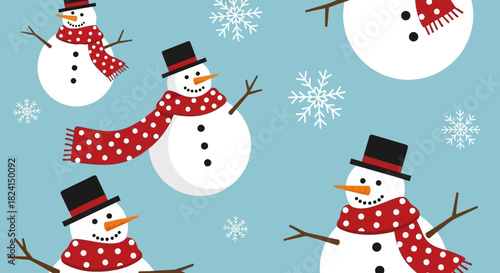 Pattern of cute cartoon snowmen with red polka dot scarf and hat