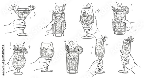 Hand-drawn vector set of wine glasses and bottles with cocktail, beer, and martini icons for bar and restaurant design