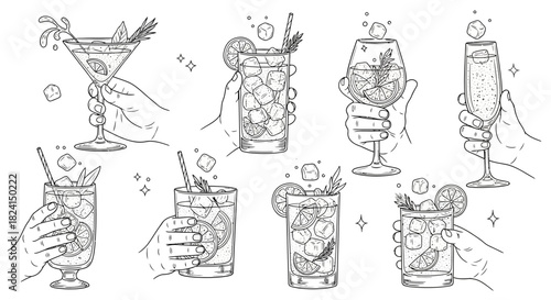 Hand-drawn vector set of wine glasses and bottles with cocktail, beer, and martini icons for bar and restaurant design