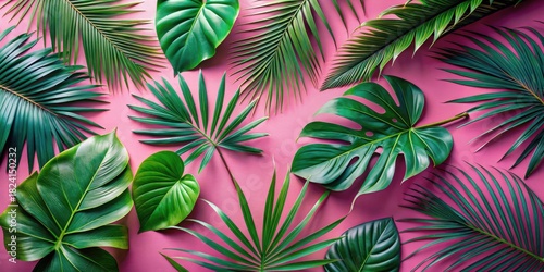 Vibrant Green Tropical Foliage Arranged on a Pink Background, Showcasing a Variety of Lush Leaf Textures and Shapes for Decorative Purposes