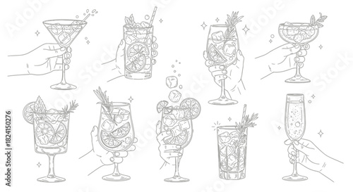 Hand-drawn vector set of wine glasses and bottles with cocktail, beer, and martini icons for bar and restaurant design