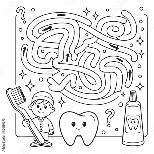 Dental Maze Game with Toothbrush, Toothpaste, and Happy Tooth Character puzzle children