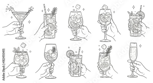Hand-drawn vector set of wine glasses and bottles with cocktail, beer, and martini icons for bar and restaurant design