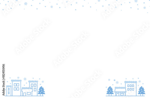 冬の街並みと雪のフレーム_青