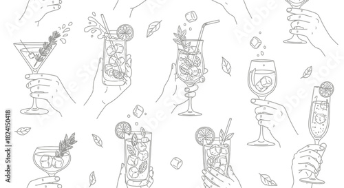 Hand-drawn vector set of wine glasses and bottles with cocktail, beer, and martini icons for bar and restaurant design