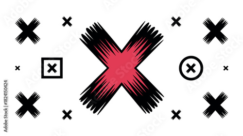 Abstract representation of a central error or incorrect item surrounded by various geometric shapes and symbols on a white background.