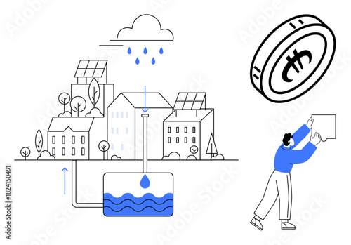 Renewable energy concept. Renewable energy systems thumbs up solar panels integrated with water harvesting for sustainability. Renewable infrastructure for green living, efficiency, innovation