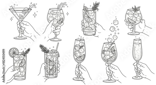 Hand-drawn vector set of wine glasses and bottles with cocktail, beer, and martini icons for bar and restaurant design