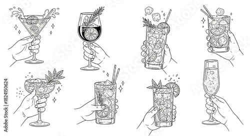 Hand-drawn vector set of wine glasses and bottles with cocktail, beer, and martini icons for bar and restaurant design