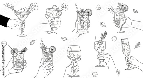 Hand-drawn vector set of wine glasses and bottles with cocktail, beer, and martini icons for bar and restaurant design