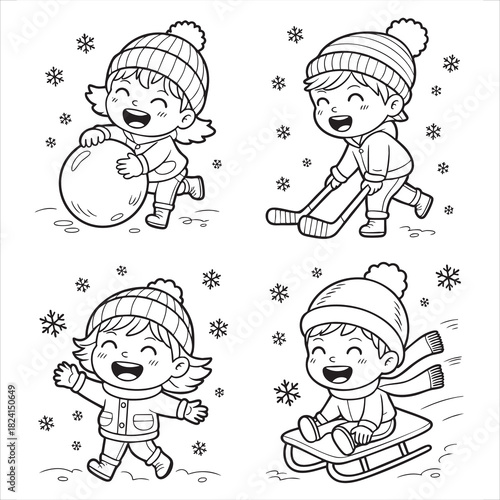 Four cartoon children enjoying winter activities like playing with snowballs hockey sledding and standing in snow