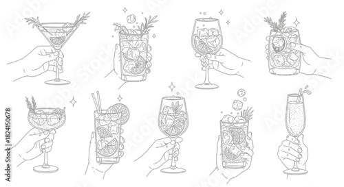 Hand-drawn vector set of wine glasses and bottles with cocktail, beer, and martini icons for bar and restaurant design