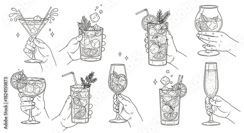Hand-drawn vector set of wine glasses and bottles with cocktail, beer, and martini icons for bar and restaurant design