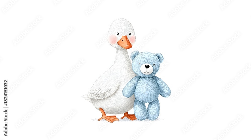 Obraz premium Whimsical watercolor illust n featuring a friendly white goose with rosy cheeks and a cuddly blue teddy bear perfect for children s themes and expressing sweet companionship