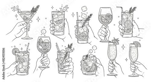 Hand-drawn vector set of wine glasses and bottles with cocktail, beer, and martini icons for bar and restaurant design
