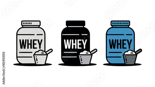 Three distinct containers of whey protein powder are presented with measuring scoops, representing fitness and nutrition options.