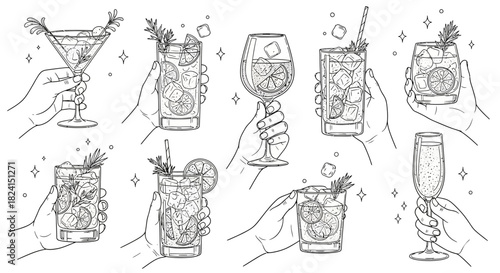 Hand-drawn vector set of wine glasses and bottles with cocktail, beer, and martini icons for bar and restaurant design