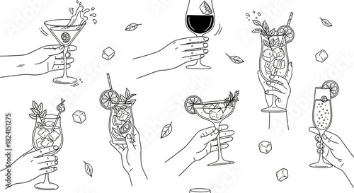 Hand-drawn vector set of wine glasses and bottles with cocktail, beer, and martini icons for bar and restaurant design