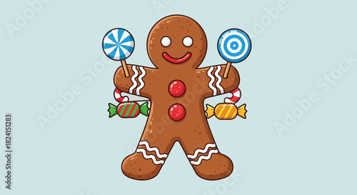 Cute gingerbread man holding lollipops and candy against light blue