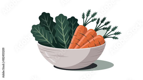 A simple white bowl overflowing with fresh carrots and leafy greens, representing healthy eating and garden bounty.