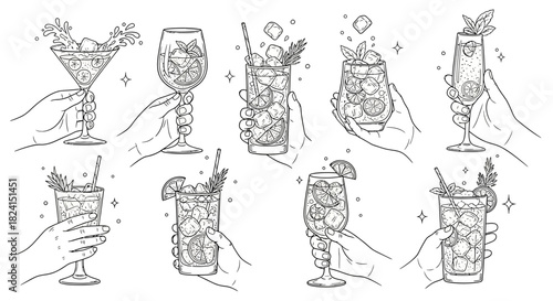 Hand-drawn vector set of wine glasses and bottles with cocktail, beer, and martini icons for bar and restaurant design