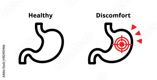 Diagram comparing a healthy human stomach to one experiencing discomfort and pain, with a target symbol indicating the area of discomfort.