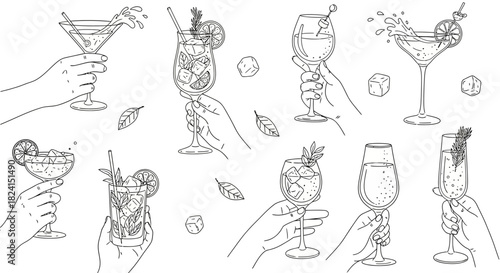 Hand-drawn vector set of wine glasses and bottles with cocktail, beer, and martini icons for bar and restaurant design