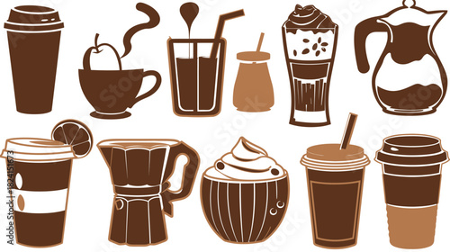 Vector illustration of coffee chocolate and hot beverages drinks set, featuring cups mugs and cocoa, warm café drink collection in clean flat design style for menu branding and food projects