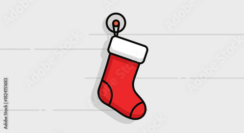 Simple cartoon red christmas stocking hanging on a hook
